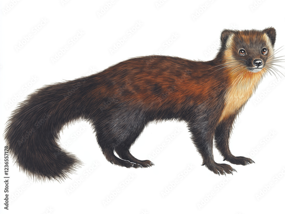 Fototapeta premium A sable, a mustelid with rich brown fur and a long, bushy tail, stands alert against a white background.