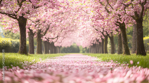 A beautiful cherry blossom garden in full bloom, with petals falling gently in the breeze.