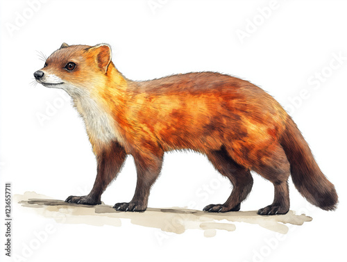 A reddish-brown furred mammal, possibly a pine marten, stands alert against a white background.