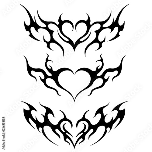 Y2K Black Heart Tribal vector design collection, Neo Tattoo, Isolated Metal and Futuristic Rock graphicelements, Black valentine Clip art  for Decoration, Editable photo