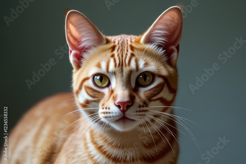 close up of domestic cat with striking orange fur and unique markings photo