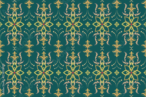 Seamless damask features a luxurious Baroque or Victorian-style pattern with intricate ornamental details. 