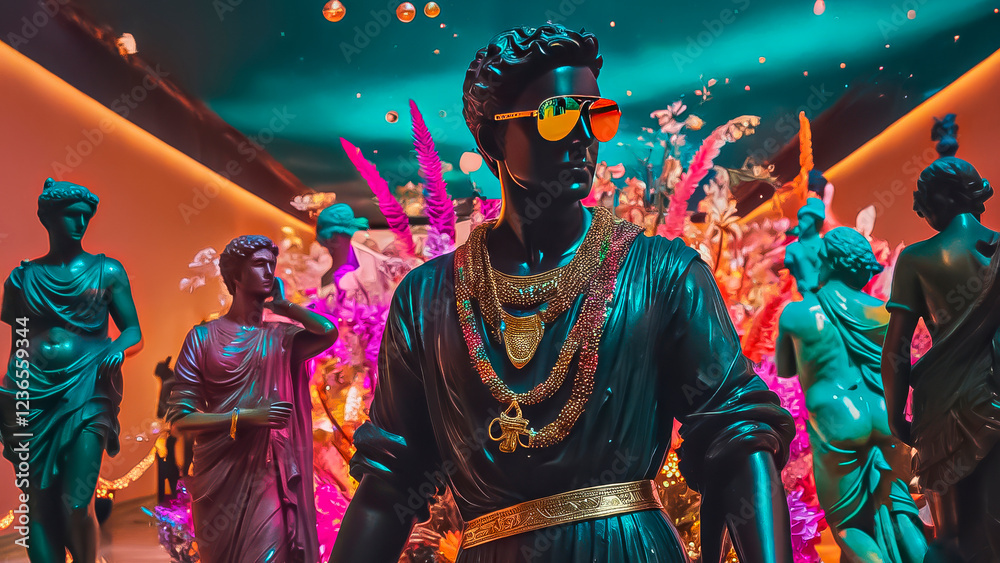 Fototapeta premium A fashionable concept, a statue of David in sunglasses stands in the hall of a modern museum along with other statues