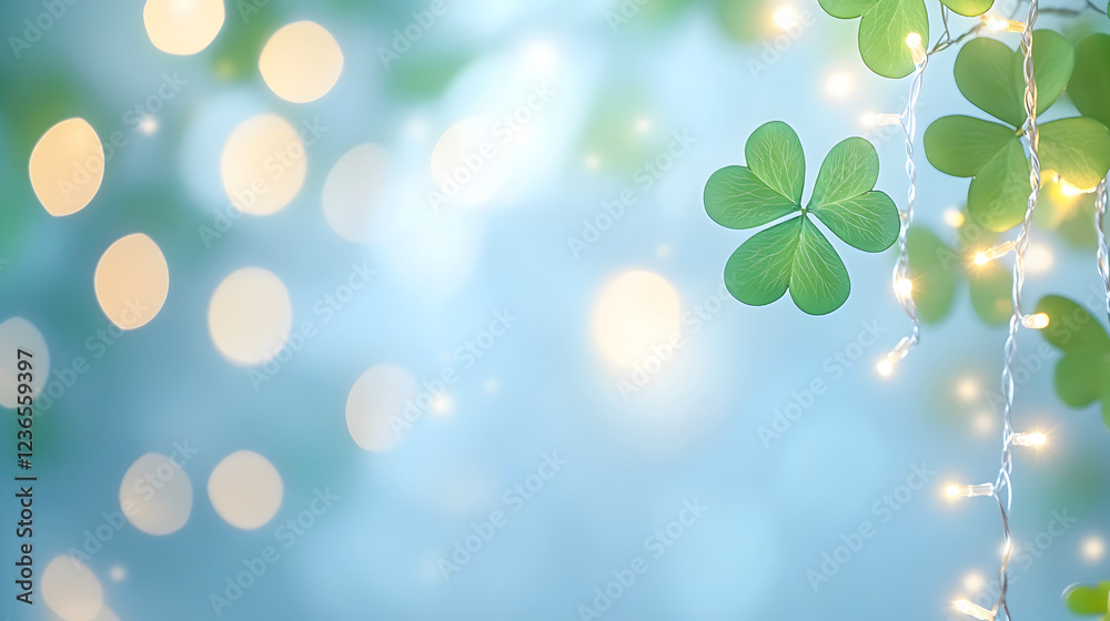 Delicate three-leaf clovers draped with twinkling fairy lights create cheerful vibe, perfect for St. Patrick's Day or nature-inspired design. Soft bokeh provides a dreamy background. Selective focus
