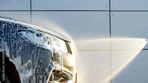 Car washing process in a modern detailing center with foam and water spray