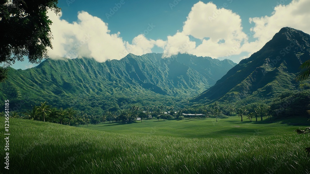 Obraz premium Serene Tropical Valley: Lush Green Landscape with Majestic Mountains