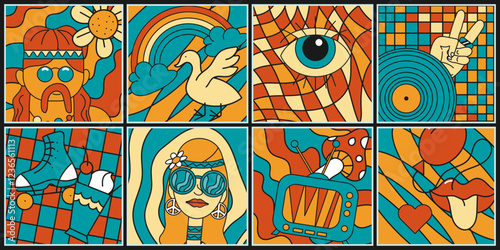 Eight colorful posters in groovy style. Cute doodles, icons, emblems using elements of 70s culture. Vector set