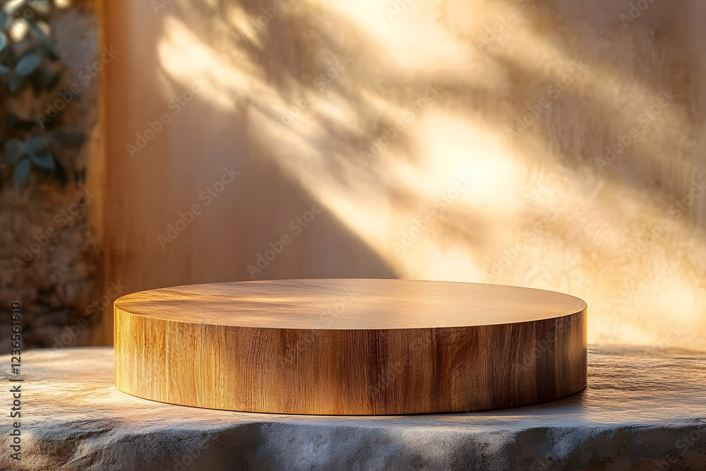 Circular wooden pedestal with soft grain texture on a stone base, surrounded by warm sunlight and earthy tones, perfect for product displays or decor Circular wooden pedestal with soft grain texture on a stone base, surrounded by warm sunlight and earthy tones, perfect for product displays or decor
