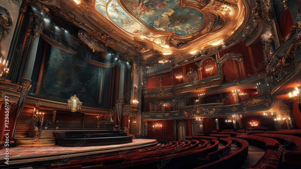 Obraz premium Opulent theater interior showcasing ornate decorations and grand architecture during a performance setup at dusk