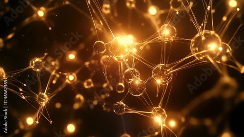 Abstract glowing interconnected spheres against dark background, network structure representation