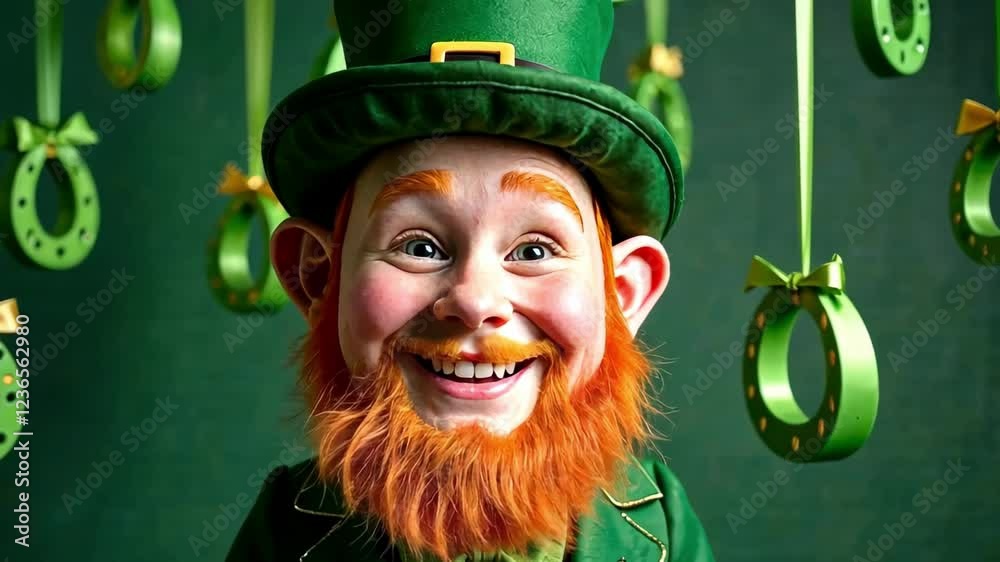 Saint Patrick's Day background with A man with a green hat and beard is smiling in front of a green background. The man is wearing a green shirt and green pants
