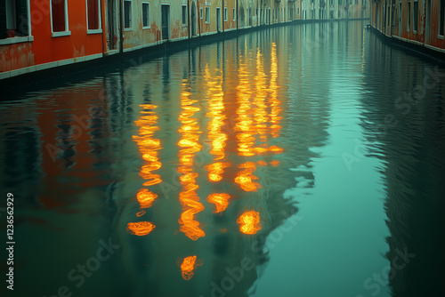 Water reflects warm lights of a quiet canal in a charming historic town at dusk
