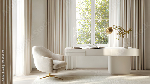Bright home office with a modern desk, comfortable chair, and natural light streaming through the window.