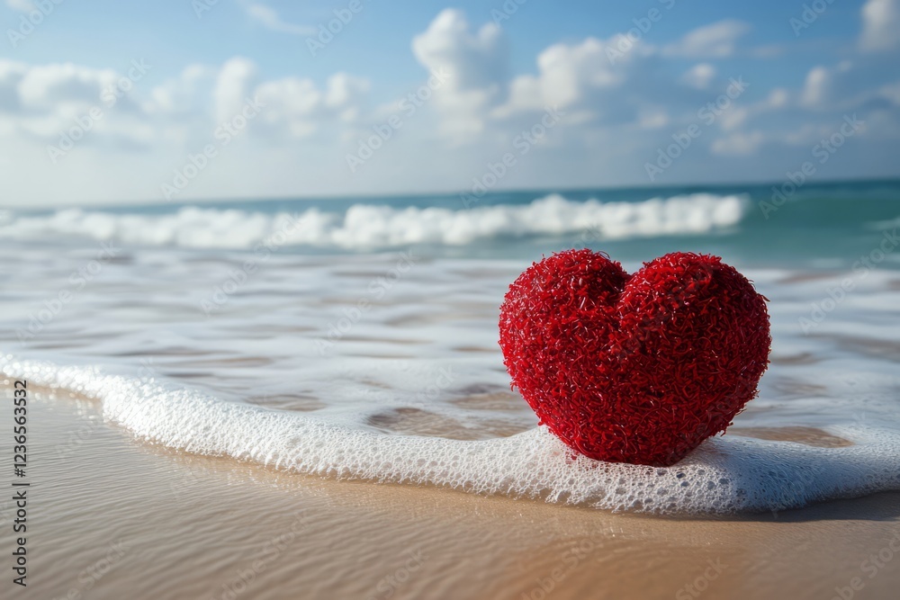 Fototapeta premium Red Heart On Beach With Ocean Waves.