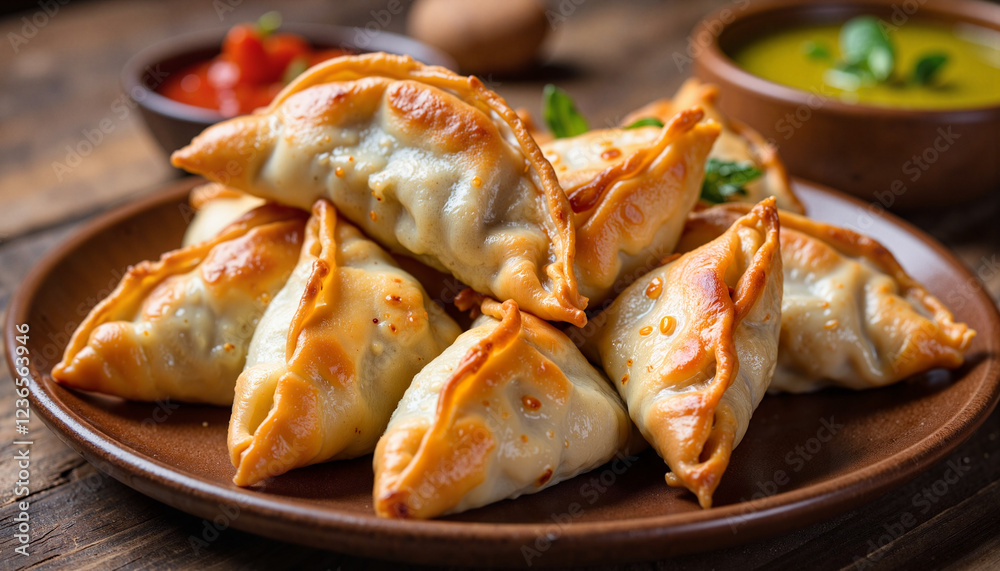 Good Raksha Bandhan. Golden-brown samosas served on clay plate, Raksha Bandhan celebration Good Raksha Bandhan. Golden-brown samosas served on clay plate, Raksha Bandhan celebration