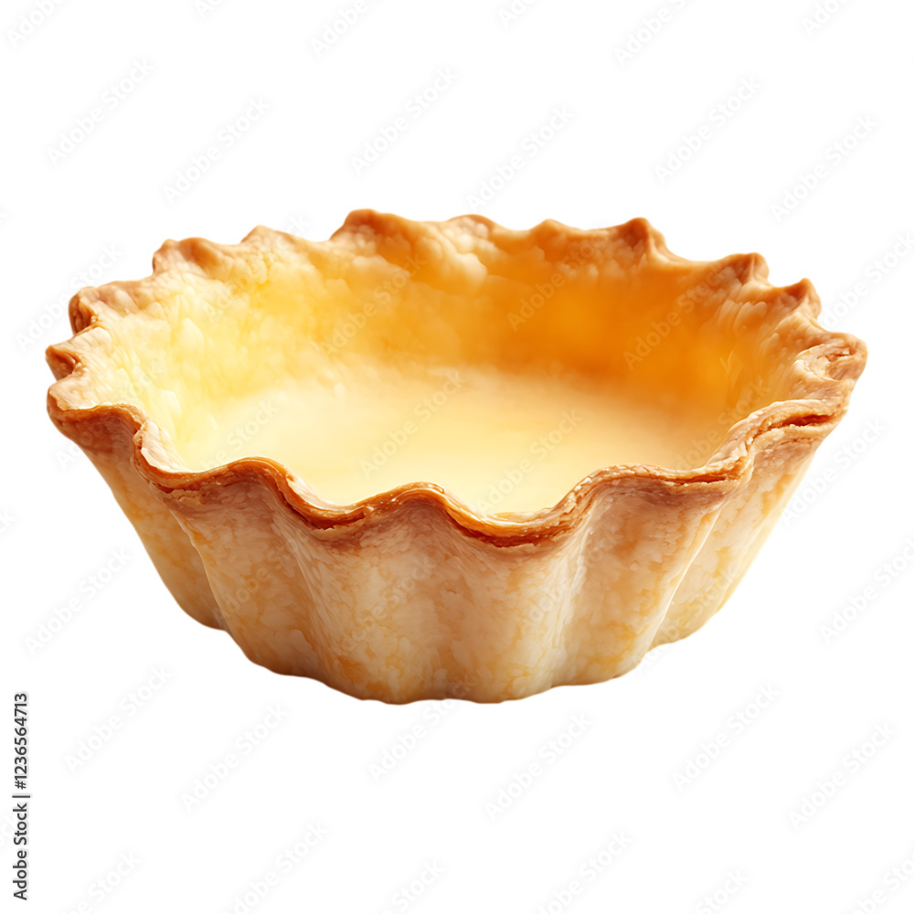 Fototapeta premium Empty baked pastry tart shell with crimped edges filled only with a thin layer of light custard isolated on transparent background.