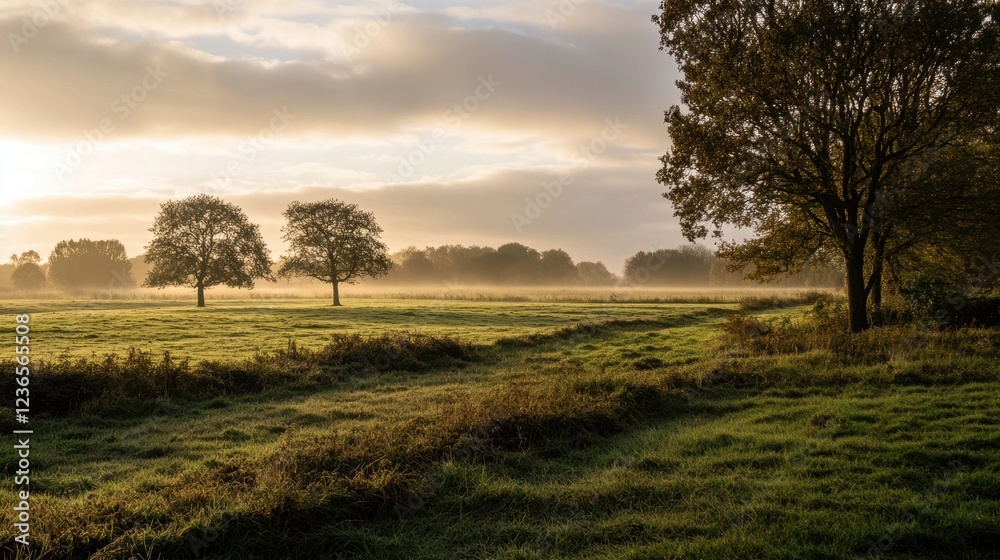 Sunrise over a misty meadow with trees and wildlife in a serene landscape Sunrise over a misty meadow with trees and wildlife in a serene landscape