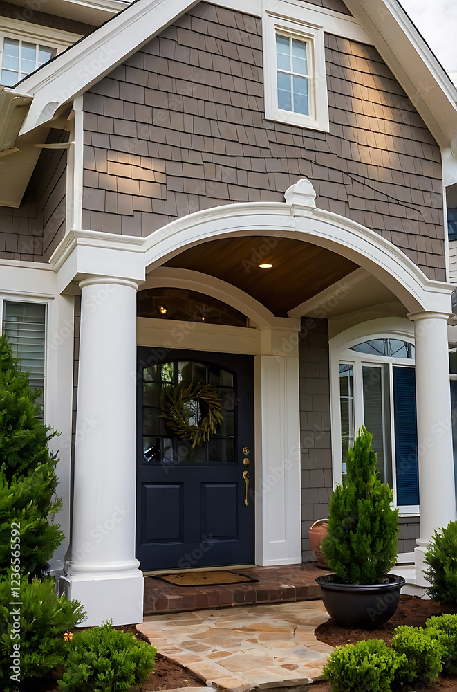 Obraz premium Elegant Home Exterior: A Stunning Architectural Design with a Charming Porch and Blue Door