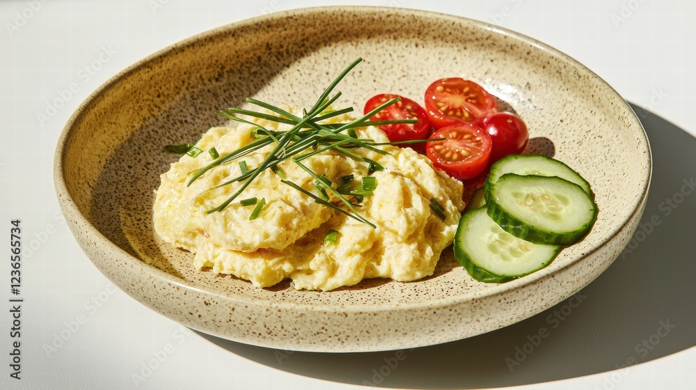 Scrambled eggs with chives cucumber and cherry tomatoes on plate Scrambled eggs with chives cucumber and cherry tomatoes on plate