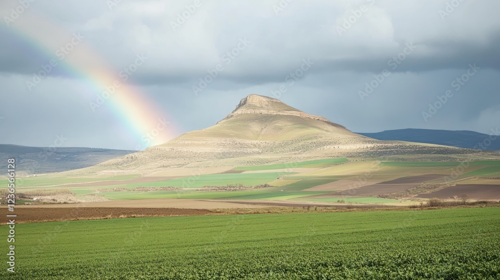 Obraz premium Majestic Rainbow Over Rolling Hills and a Mountain Peak