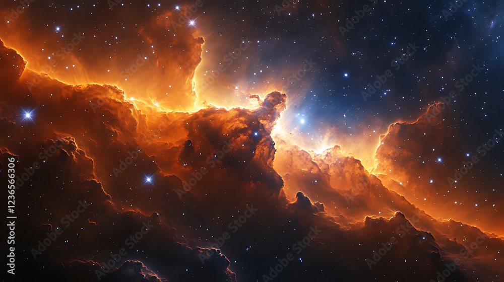 Fototapeta premium Fiery orange nebula with bright stars and cosmic dust clouds in deep space.