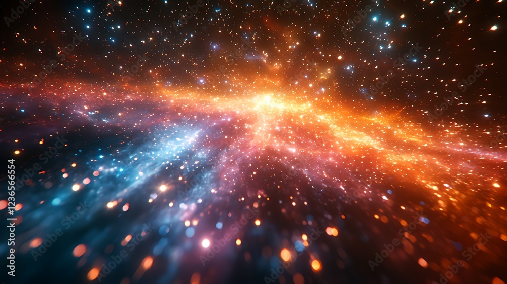 Obraz premium Abstract cosmic background with vibrant orange and blue nebulae, glittering stars, and glowing particles.