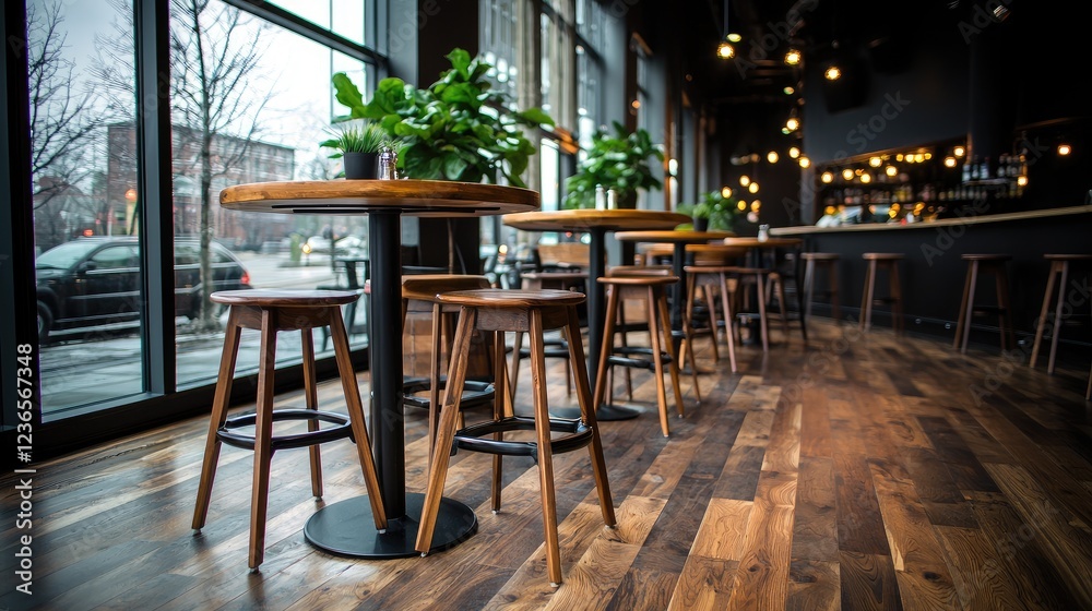 Fototapeta premium Wooden bar stools and high tables with green plants stand inside a modern, empty cafe during the day.