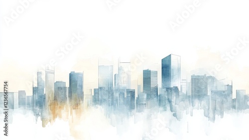 Dreamy watercolor sketch of a minimalist cityscape with modern buildings fading gracefully into a soft white background