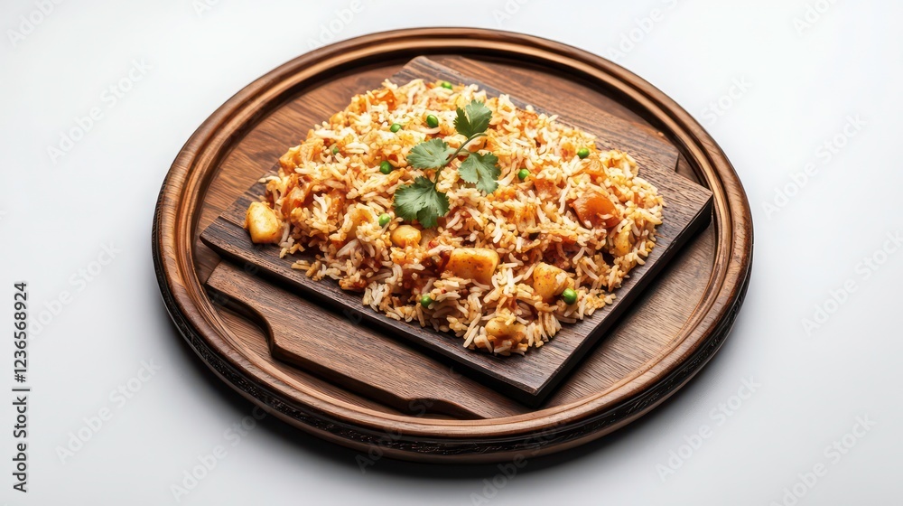 Delicious vegetable biryani served on a wooden board and tray. Delicious vegetable biryani served on a wooden board and tray.