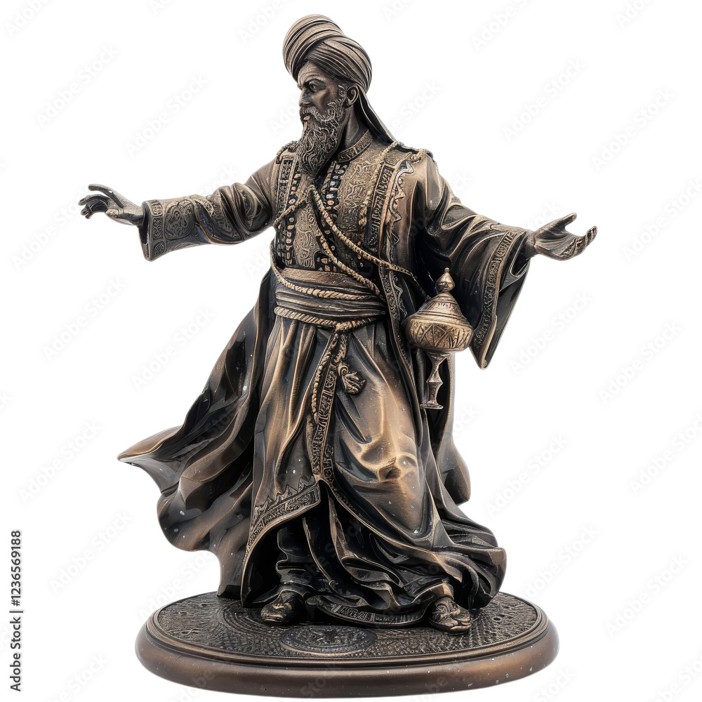 PNG of A detailed bronze statue of a male figure in traditional Middle Eastern attire, exuding elegance and grace. white or transparent Bg PNG of A detailed bronze statue of a male figure in traditional Middle Eastern attire, exuding elegance and grace. white or transparent Bg
