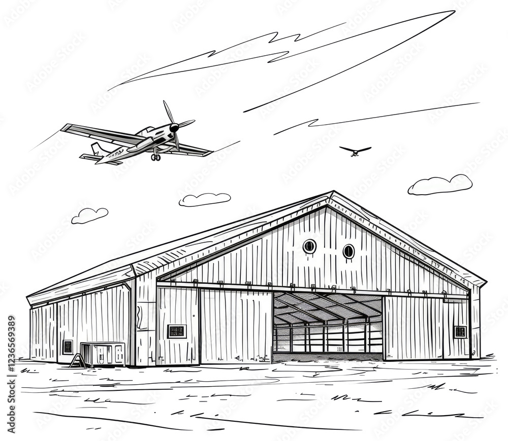 Fototapeta premium Airplane Flying Over a Large Hangar Building