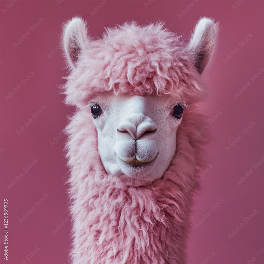 Obraz premium Colorful alpaca with fluffy pink fur poses against a matching backdrop in a creative indoor setting