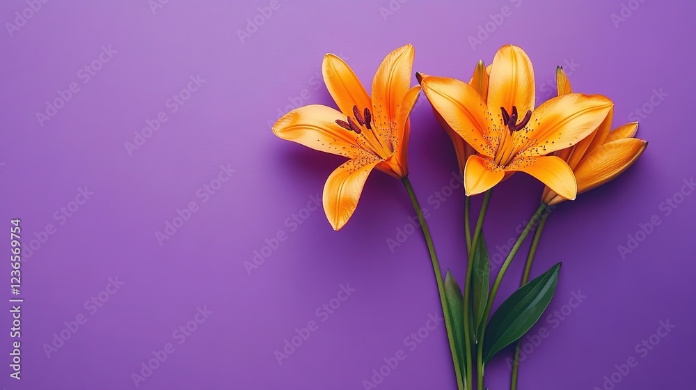 Obraz premium Elegant Lilies in Full Bloom Isolated on a Rich Purple Background: Grace and Beauty in Solitude
