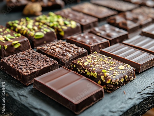 Different varieties of artisanal chocolate displayed on a dark slate plate during a culinary event in a cozy restaurant setting photo