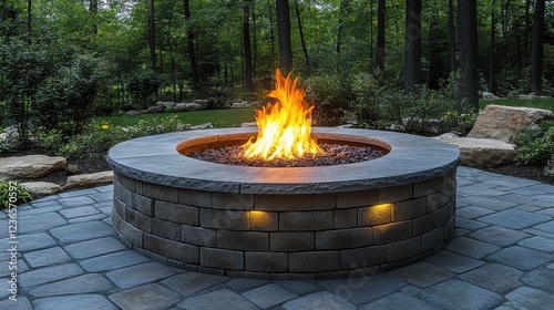 Circular stone fire pit flickering with flames surrounded by lush greenery in a tranquil outdoor setting during the evening
