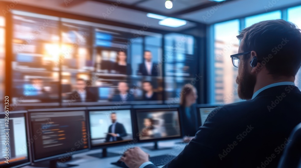 Focused Professional Managing Multiple Monitors in Modern Office Focused Professional Managing Multiple Monitors in Modern Office