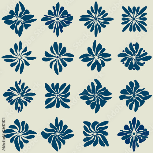 Pattern blue flower lines Hand-drawn simple elements. Symbols, ethnic, traditional. Seamless pattern. Background. For holiday cards, prints, wrapping paper, home and textiles. Vector illustration.