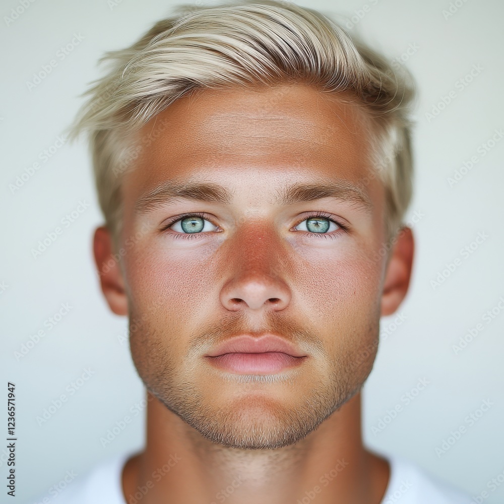 Fototapeta premium Young man with light blonde hair and striking blue eyes poses against a neutral background, showcasing confidence and youthfulness during a summer day