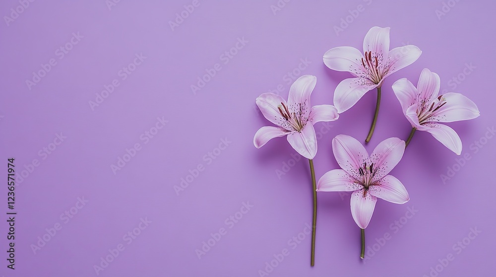 Obraz premium Elegant Lilies in Full Bloom Isolated on a Rich Purple Background: Grace and Beauty in Solitude