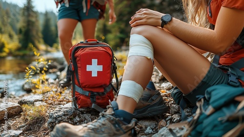 Young hikers with first aid kit resting by a river, showcasing outdoor adventure, nature, injury care, and teamwork in wilderness setting photo