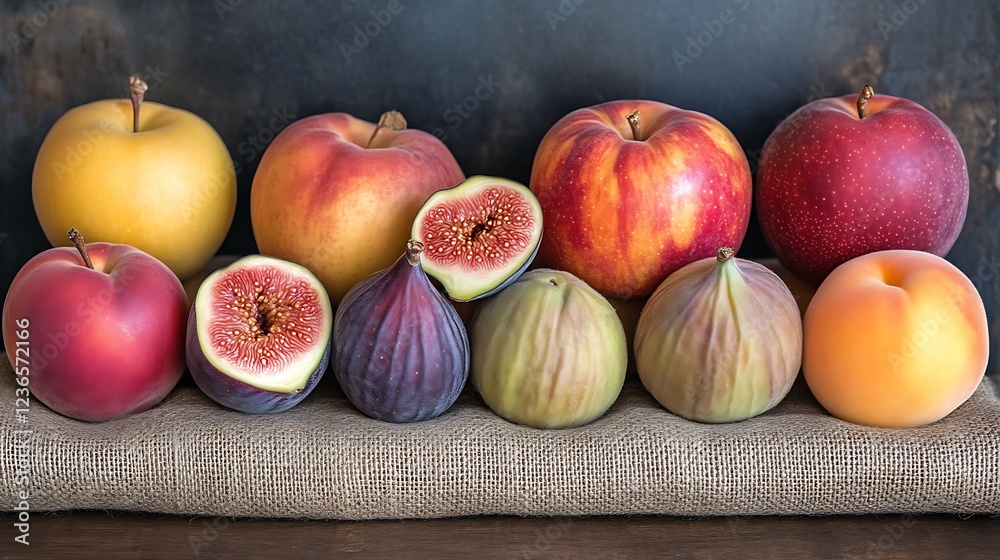 Apples Peaches and Figs Arranged on Burlap Apples Peaches and Figs Arranged on Burlap