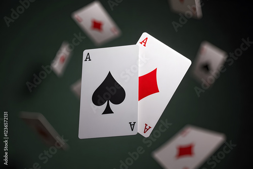 Close-up of flying playing cards featuring ace of spades and ace of diamonds