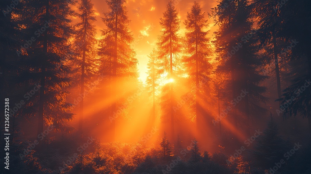 Sunbeams Illuminate a Misty Winter Forest Scene Sunbeams Illuminate a Misty Winter Forest Scene