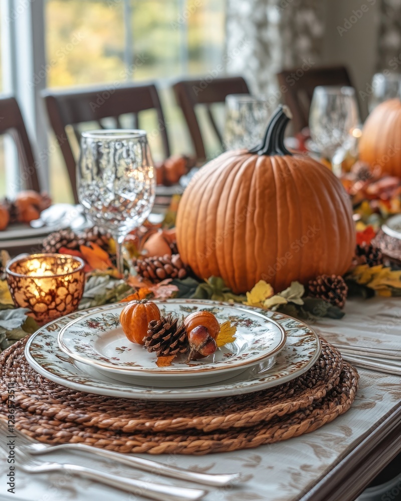 Elegant autumn dining table set with pumpkin centerpiece, candles, and seasonal decorations Elegant autumn dining table set with pumpkin centerpiece, candles, and seasonal decorations