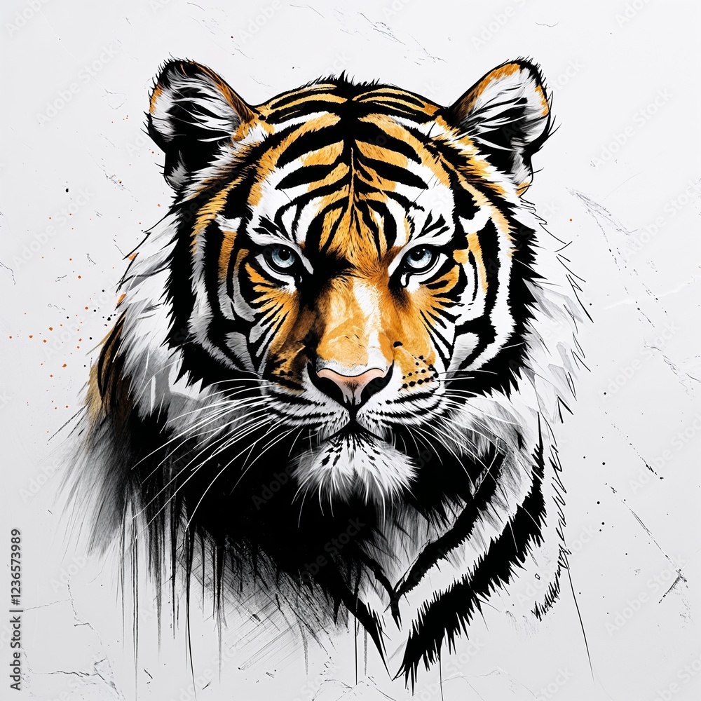 Tiger art black and white flat design simple line hand drawing on plain white background Tiger art black and white flat design simple line hand drawing on plain white background