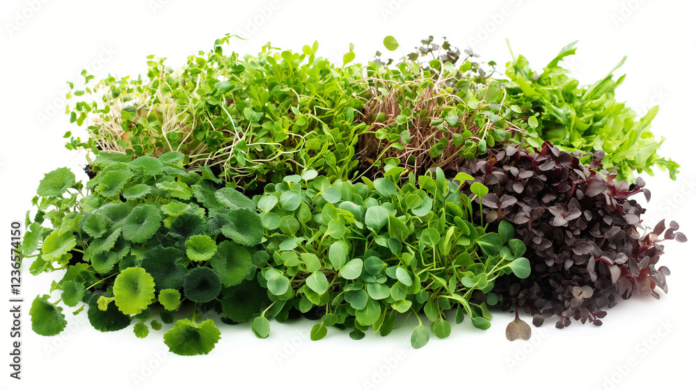 Obraz premium Mixed selection of vibrant microgreens with lush green and deep red hues. Ideal for organic cooking, nutritious vegan meals, and clean plant-based eating.
