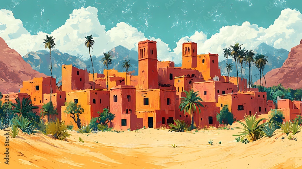 Obraz premium Orange desert village under a vibrant sky with palm trees and mountains.
