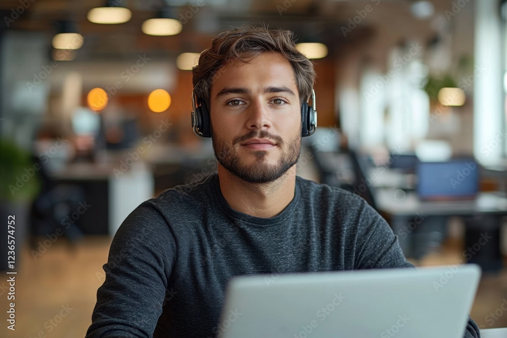 Fototapeta premium Young man focuses on work while wearing headphones in modern office environment