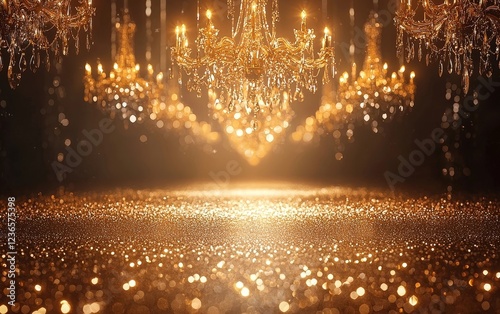 Shimmering Golden Surface with Blurred Elegant Chandelier for Luxury Product Mockups
