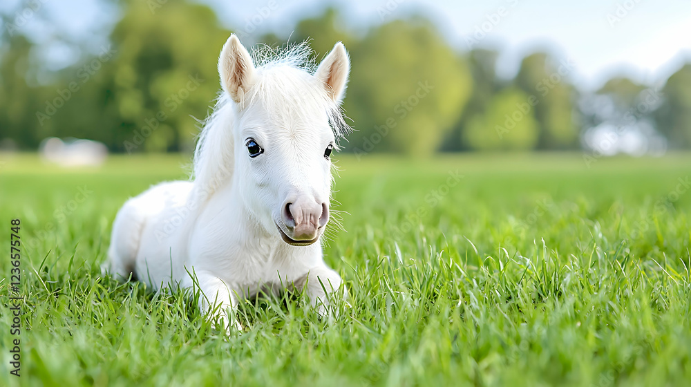 Fototapeta premium White pony foal resting in green pasture